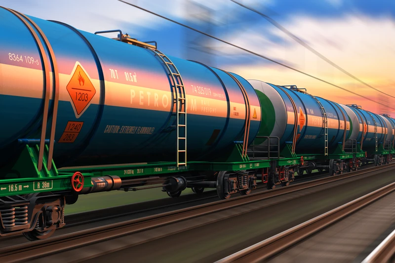 Изображение грузового поезда с цистерной для перевозки нефтепродуктов