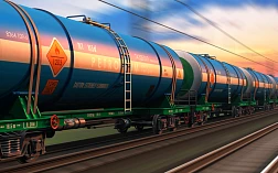Изображение грузового поезда с цистерной для перевозки нефтепродуктов
